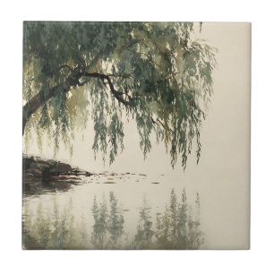 Serene Willow Tree Reflection Nature Art (11) Ceramic Tile