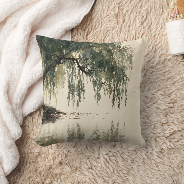 Serene Willow Tree Reflection Nature Art (11) Cushion (Blanket)