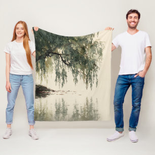 Serene Willow Tree Reflection Nature Art (11) Fleece Blanket