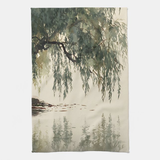 Serene Willow Tree Reflection Nature Art (11) Tea Towel (Vertical)