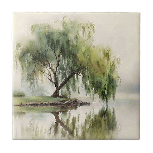 Serene Willow Tree Reflection Nature Art (12) Ceramic Tile (Front)