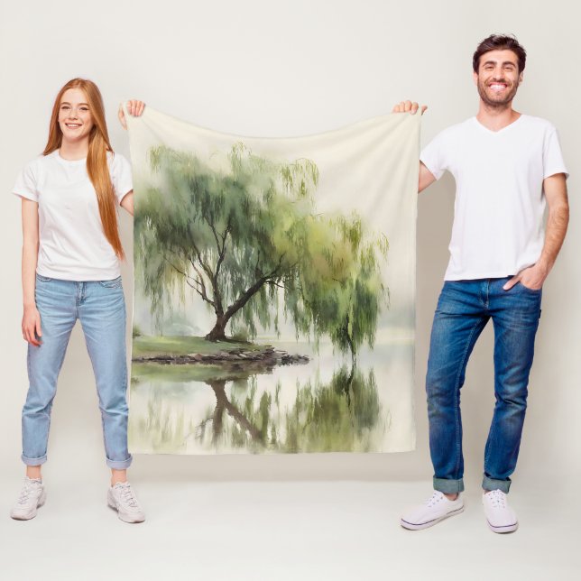 Serene Willow Tree Reflection Nature Art (12) Fleece Blanket (In Situ)