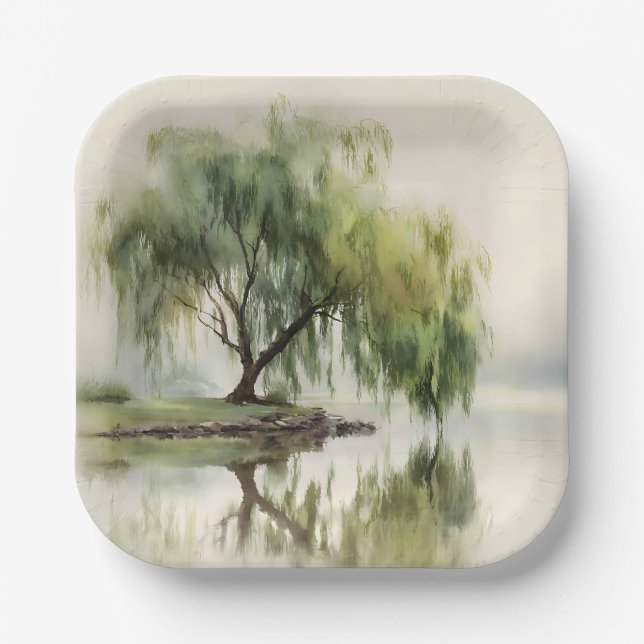 Serene Willow Tree Reflection Nature Art (12) Paper Plate (Front)