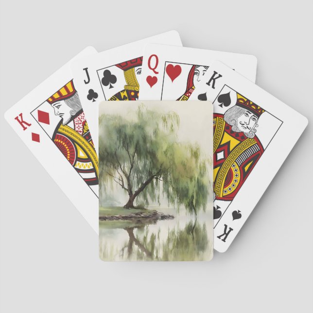 Serene Willow Tree Reflection Nature Art (12) Playing Cards (Back)
