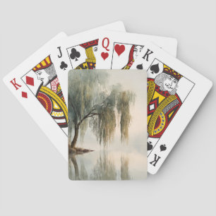 Serene Willow Tree Reflection Nature Art (13) Playing Cards