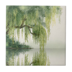 Serene Willow Tree Reflection Nature Art (14) Ceramic Tile