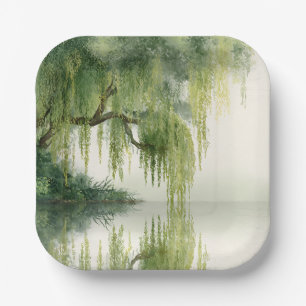 Serene Willow Tree Reflection Nature Art (14) Paper Plate