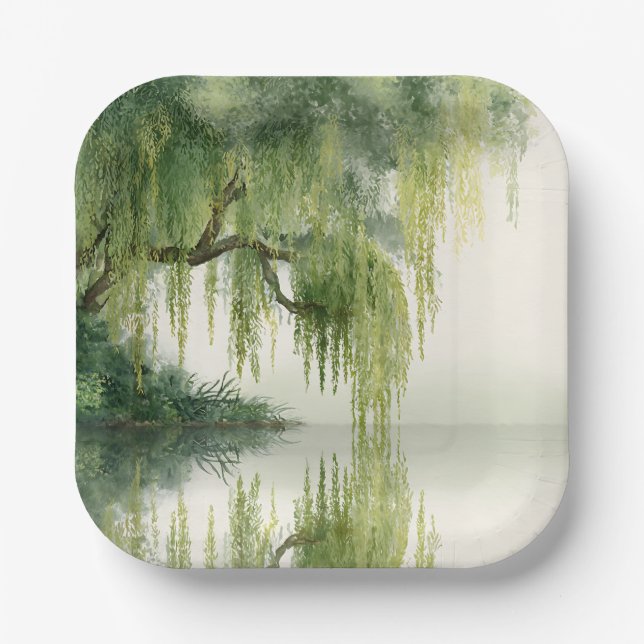 Serene Willow Tree Reflection Nature Art (14) Paper Plate (Front)