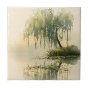 Serene Willow Tree Reflection Nature Art (1) Ceramic Tile