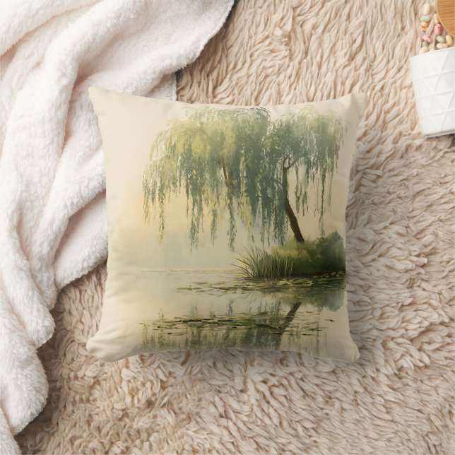 Serene Willow Tree Reflection Nature Art (1) Cushion (Blanket)