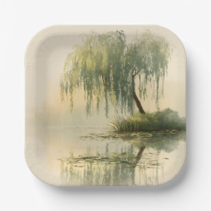 Serene Willow Tree Reflection Nature Art (1) Paper Plate