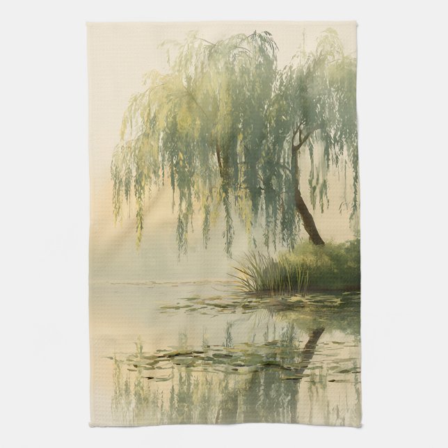 Serene Willow Tree Reflection Nature Art (1) Tea Towel (Vertical)