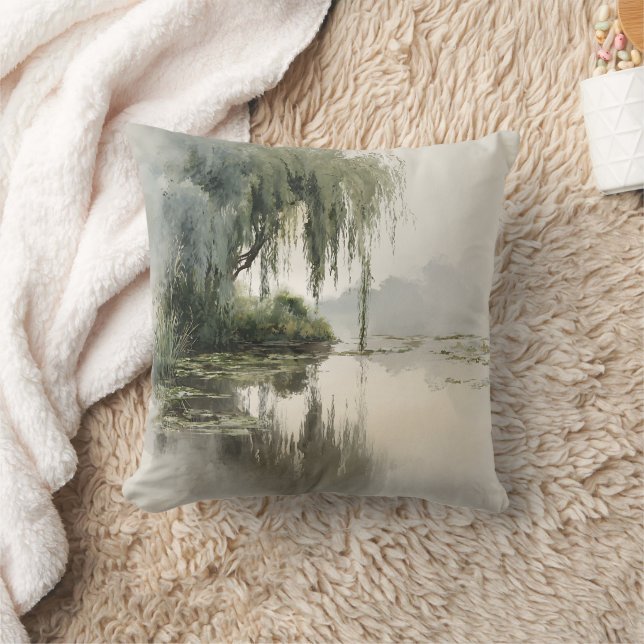 Serene Willow Tree Reflection Nature Art (2) Cushion (Blanket)