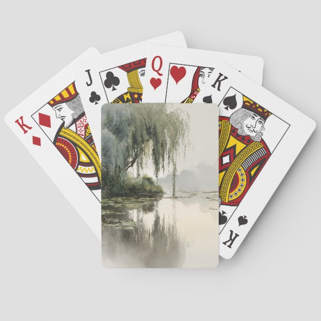 Serene Willow Tree Reflection Nature Art (2) Playing Cards (Back)