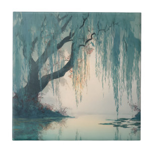 Serene Willow Tree Reflection Nature Art (3) Ceramic Tile