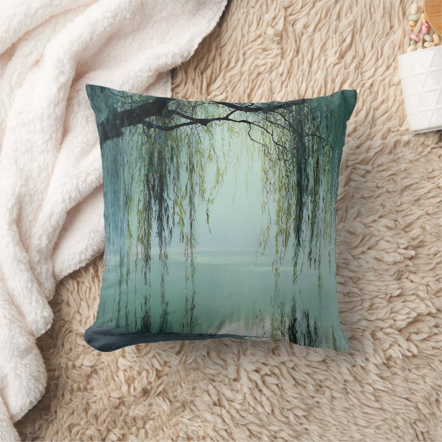 Serene Willow Tree Reflection Nature Art (4) Cushion (Blanket)