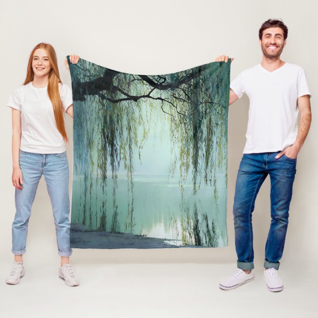 Serene Willow Tree Reflection Nature Art (4) Fleece Blanket (In Situ)