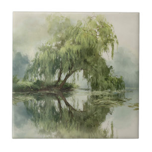Serene Willow Tree Reflection Nature Art (5) Ceramic Tile