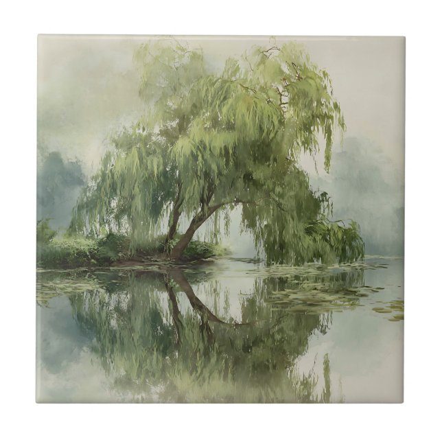 Serene Willow Tree Reflection Nature Art (5) Ceramic Tile (Front)