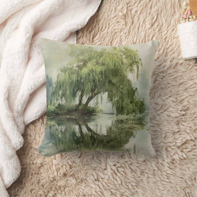 Serene Willow Tree Reflection Nature Art (5) Cushion (Blanket)