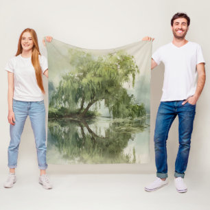 Serene Willow Tree Reflection Nature Art (5) Fleece Blanket