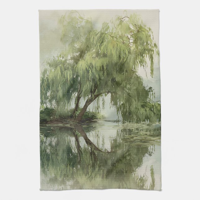 Serene Willow Tree Reflection Nature Art (5) Tea Towel (Vertical)