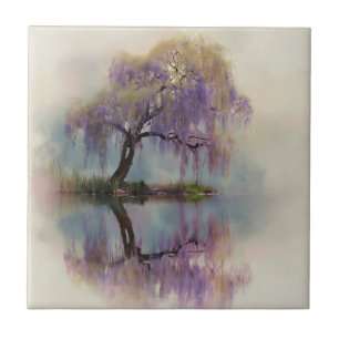 Serene Willow Tree Reflection Nature Art (6) Ceramic Tile