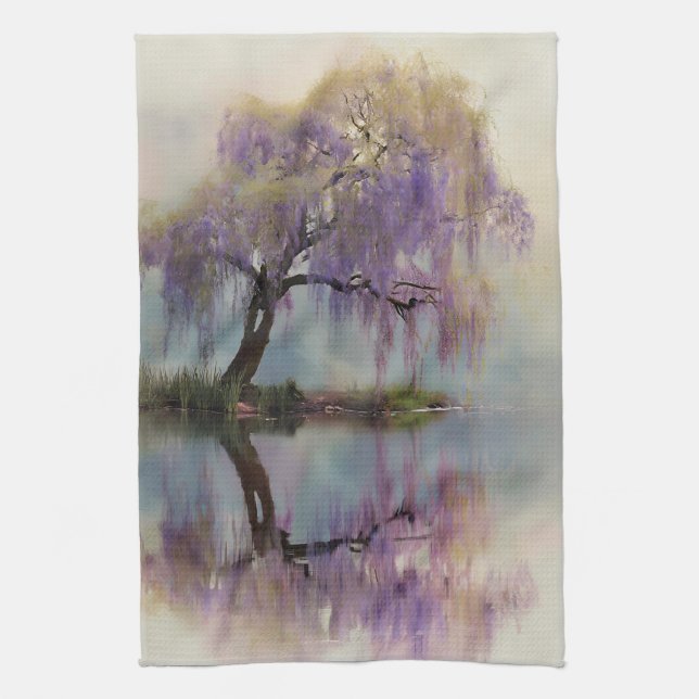 Serene Willow Tree Reflection Nature Art (6) Tea Towel (Vertical)