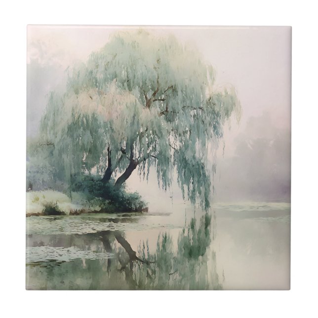 Serene Willow Tree Reflection Nature Art (7) Ceramic Tile (Front)