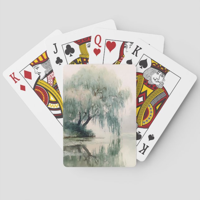 Serene Willow Tree Reflection Nature Art (7) Playing Cards (Back)
