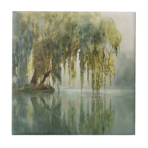 Serene Willow Tree Reflection Nature Art (8) Ceramic Tile