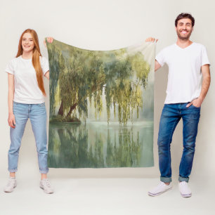 Serene Willow Tree Reflection Nature Art (8) Fleece Blanket