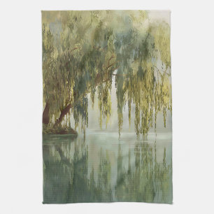 Serene Willow Tree Reflection Nature Art (8) Tea Towel