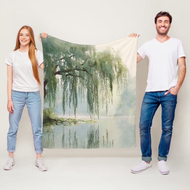Serene Willow Tree Reflection Nature Art (9) Fleece Blanket (In Situ)