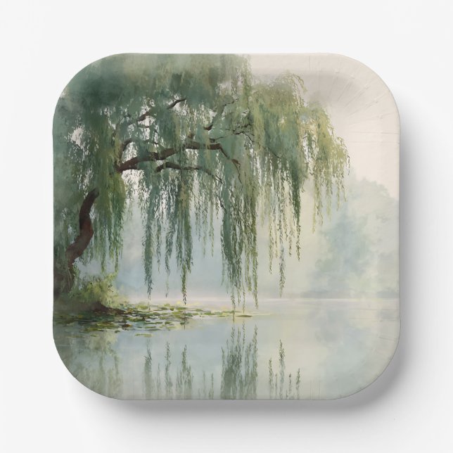 Serene Willow Tree Reflection Nature Art (9) Paper Plate (Front)