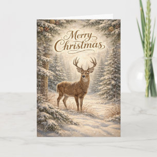 Serene Winter Deer Merry Christmas Forest Scene Holiday Card
