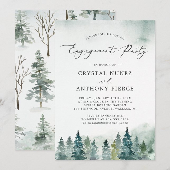 Serene Winter Forest Pine Trees Engagement Party Invitation (Front/Back)