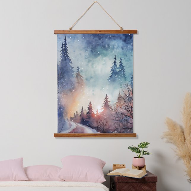 Serene Winter Forest Watercolor Painting Nature Hanging Tapestry (Bedroom)