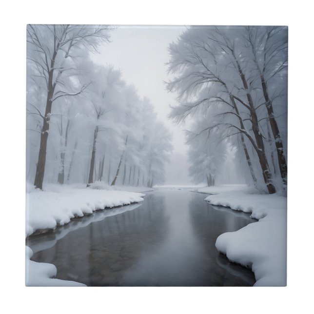 Serene Winter Landscape with Snow Covered Trees  Ceramic Tile (Front)