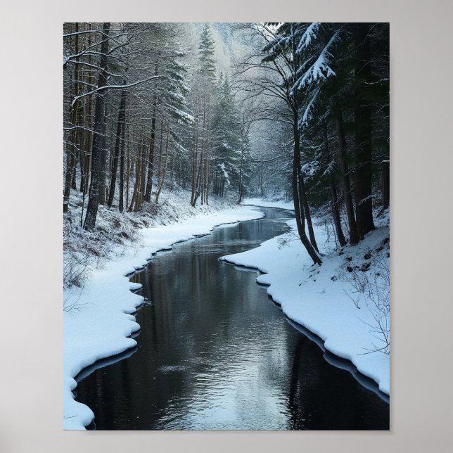 Serene Winter River Flowing Through Snowy Forest Poster (Front)