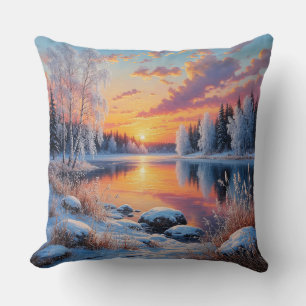 Serene Winter Sunset Over a Snowy Forest Cushion