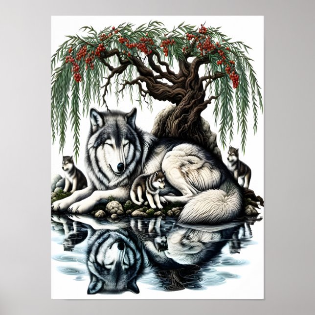 Serene Wolf Family Oasis in Idyllic Nature12x16 Poster (Front)
