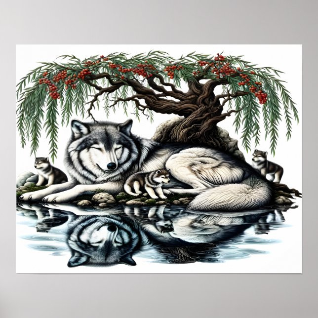 Serene Wolf Family Oasis in Idyllic Nature20x16 Poster (Front)