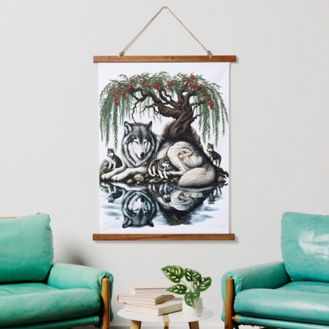 Serene Wolf Family Oasis in Idyllic Nature Hanging Tapestry (Living Room)