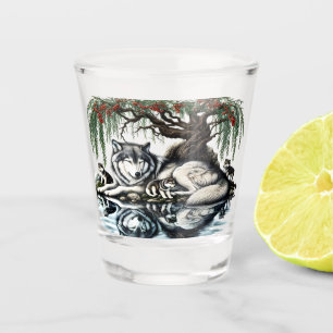 Serene Wolf Family Oasis in Idyllic Nature Shot Glass