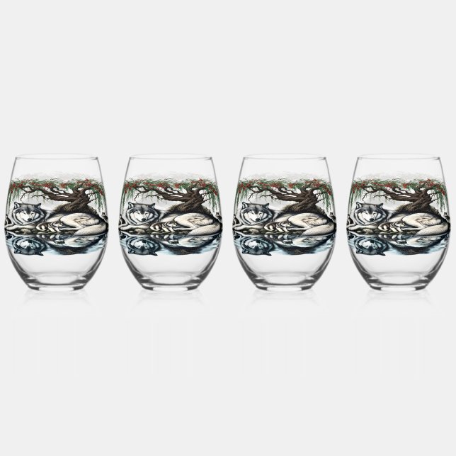 Serene Wolf Family Oasis in Idyllic Nature Stemless Wine Glass (Front)