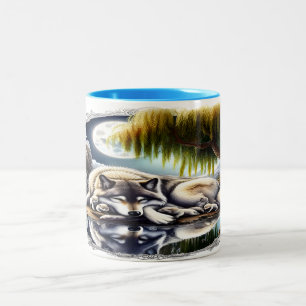 Serene Wolf Family Oasis in Idyllic Nature Two-Tone Coffee Mug
