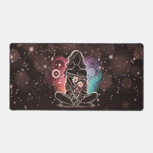 Serene Woman in a Cosmic Floral Dream Desk Mat