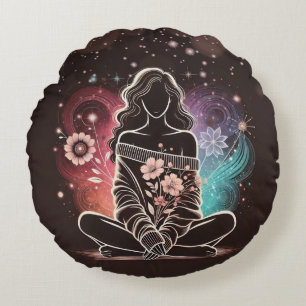 Serene Woman in a Cosmic Floral Dream Round Cushion