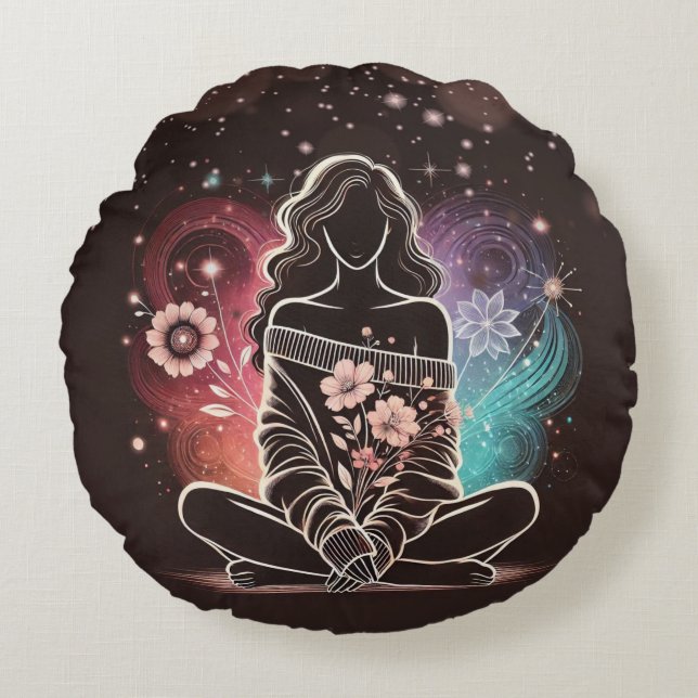 Serene Woman in a Cosmic Floral Dream Round Cushion (Front)